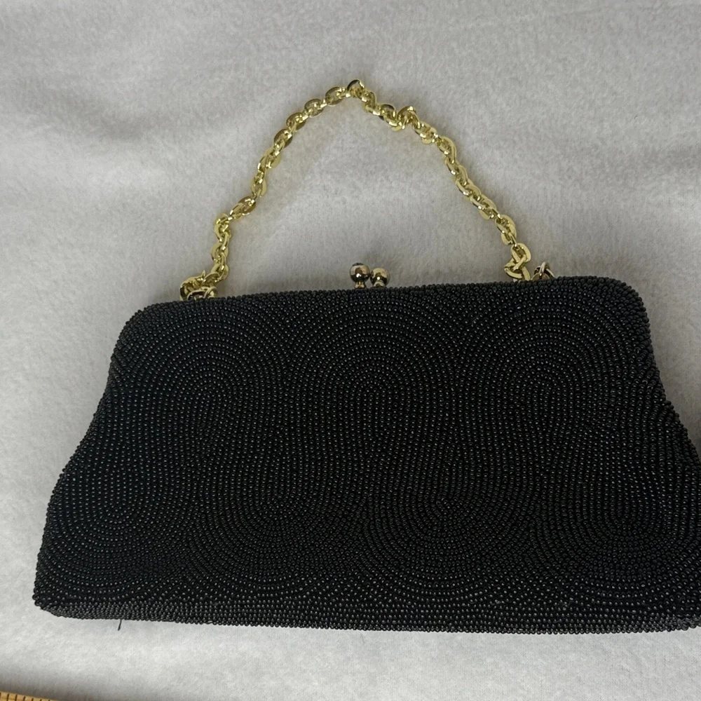 Vintage Black Beaded Kisslock Clutch Handbag and Coin Purse Set Made in Japan